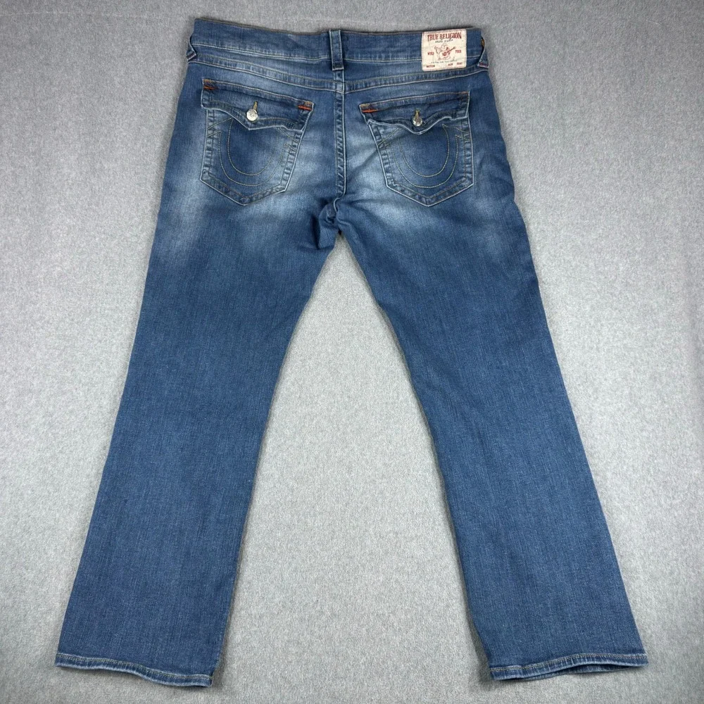 True Religion Jeans Mens 42x32 Blue Ricky Relaxed Straight Flap Pockets Denim